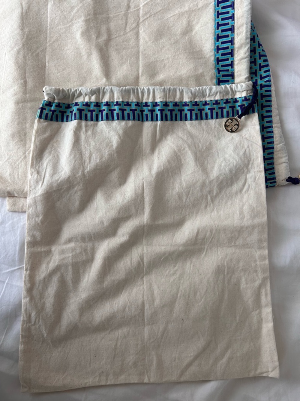 Tory Burch Cream Cotton Drawstring Bag with Blue-Turquoise Trim
